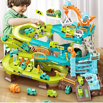 Juego de pistas de construcción de dinosaurios con escalera mecánica motorizada