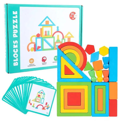 Blocks Puzzle – Improve Geometric Thinking Wooden Stacking Blocks Set Educational Different Shapes for Home Play