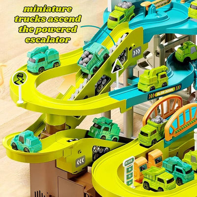 Juego de pistas de construcción de dinosaurios con escalera mecánica motorizada