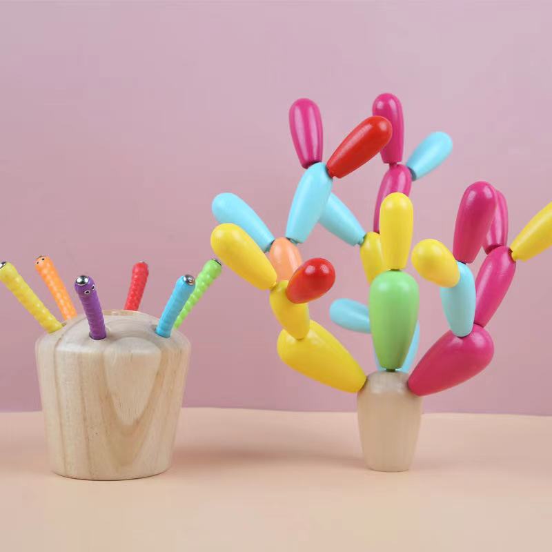 2 in 1 Wooden Cactus and Worm Catching Game - Fine motor skills toys