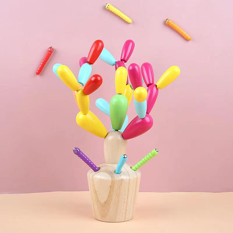 2 in 1 Wooden Cactus and Worm Catching Game - Fine motor skills toys