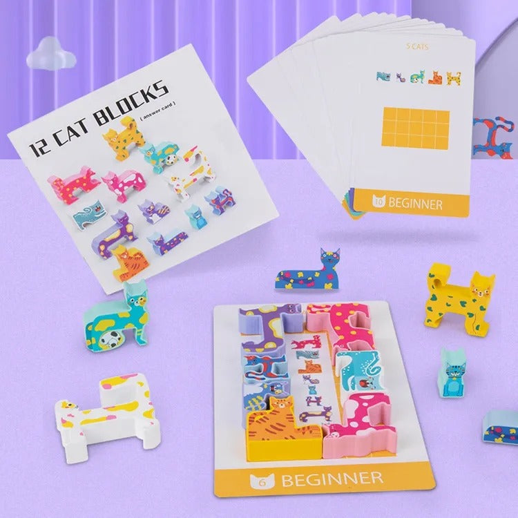 Wooden Cat Pattern Challenge Blocks - 12 Pieces