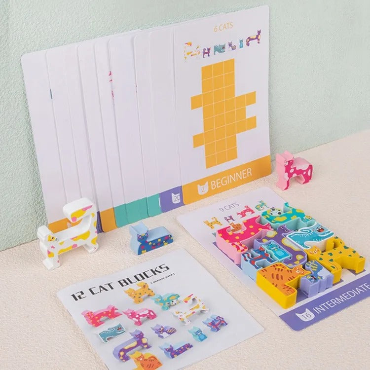 Wooden Cat Pattern Challenge Blocks - 12 Pieces