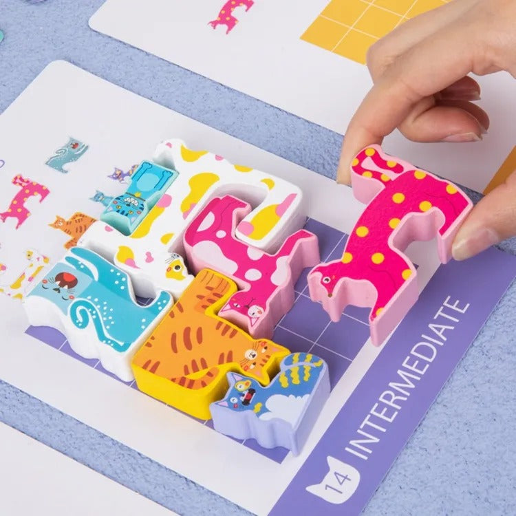 Wooden Cat Pattern Challenge Blocks - 12 Pieces