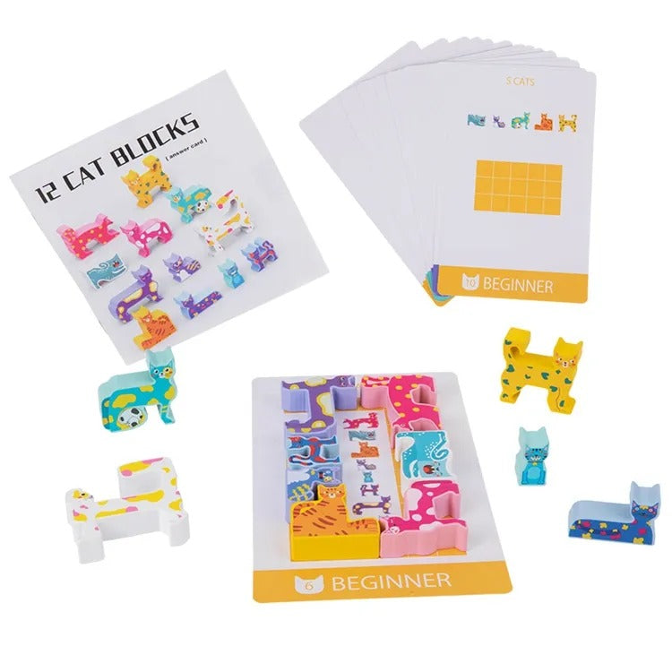 Wooden Cat Pattern Challenge Blocks - 12 Pieces