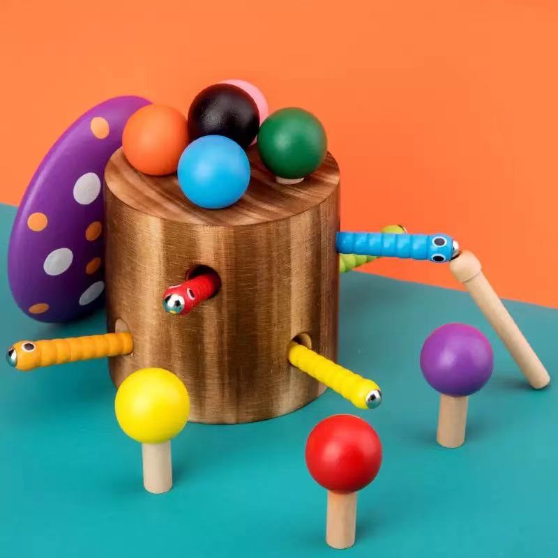 Wooden Catch Mushroom and Worms Game- Fine motor skills toys