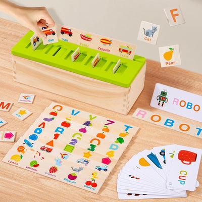Caja de objetos y tarjetas de emparejamiento para la clasificación de conocimientos en madera - 048