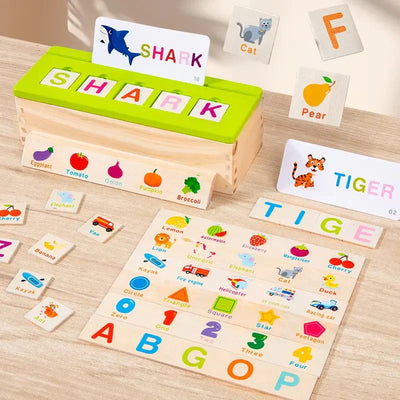 Caja de objetos y tarjetas de emparejamiento para la clasificación de conocimientos en madera - 048