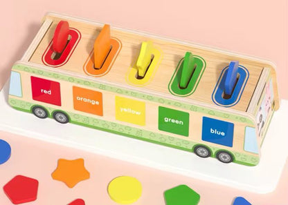 Wooden Bus Shape and Color Coin Drop Activity – Fine Motor Sorting Toy with Pattern Flashcards