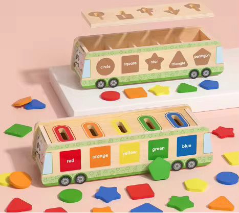 Wooden Bus Shape and Color Coin Drop Activity – Fine Motor Sorting Toy with Pattern Flashcards