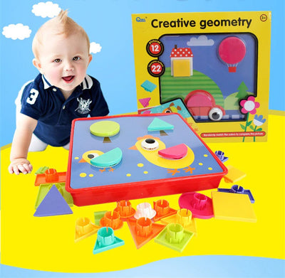 Fidtoy Geometric Button Puzzle Toy with 12 Picture Cards