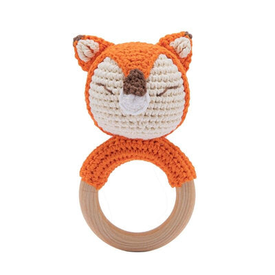 Fidtoy Crochet Wooden Baby Rattle – Soft Newborn Sensory Toy with Wooden Ring