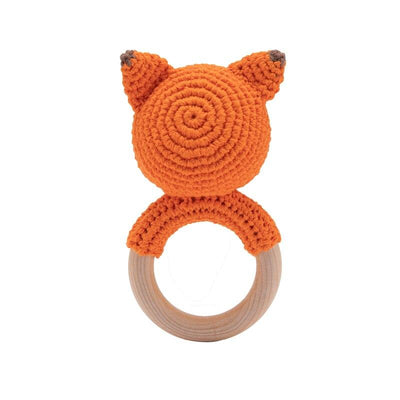 Fidtoy Crochet Wooden Baby Rattle – Soft Newborn Sensory Toy with Wooden Ring