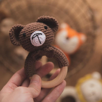 Fidtoy Crochet Wooden Baby Rattle – Soft Newborn Sensory Toy with Wooden Ring