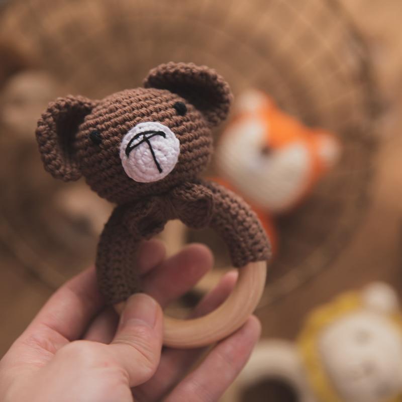 Fidtoy Crochet Wooden Baby Rattle – Soft Newborn Sensory Toy with Wooden Ring