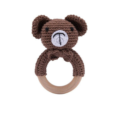 Fidtoy Crochet Wooden Baby Rattle – Soft Newborn Sensory Toy with Wooden Ring