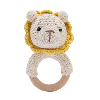 Fidtoy Crochet Wooden Baby Rattle – Soft Newborn Sensory Toy with Wooden Ring