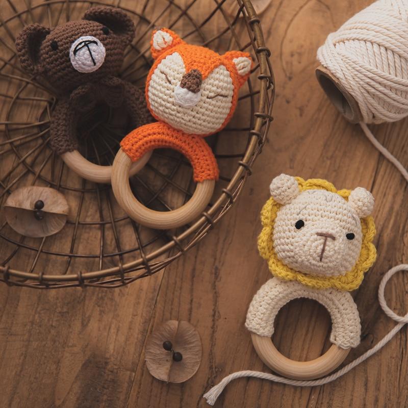 Fidtoy Crochet Wooden Baby Rattle – Soft Newborn Sensory Toy with Wooden Ring