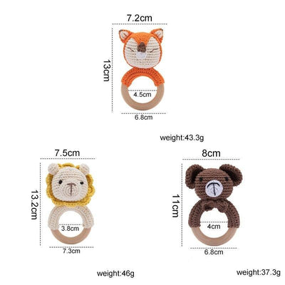 Fidtoy Crochet Wooden Baby Rattle – Soft Newborn Sensory Toy with Wooden Ring