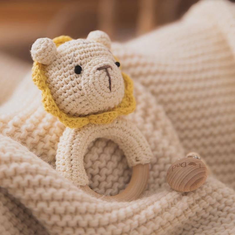 Fidtoy Crochet Wooden Baby Rattle – Soft Newborn Sensory Toy with Wooden Ring
