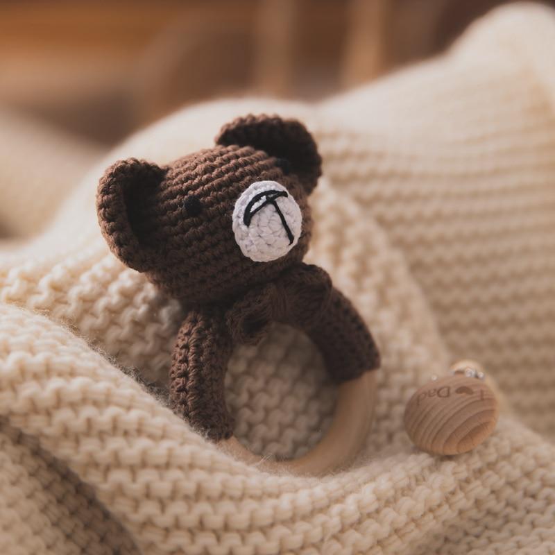 Fidtoy Crochet Wooden Baby Rattle – Soft Newborn Sensory Toy with Wooden Ring