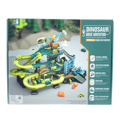 Juego de pistas de construcción de dinosaurios con escalera mecánica motorizada