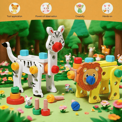Fidtoy Smart Animal Tool Set | Wooden STEM Building Toy for Toddlers 3+