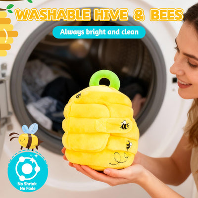 Mon premier coffret de jeu interactif en peluche L'Abeille et sa Ruche - 5 abeilles en peluche et une ruche compressible - Jouet Montessori d'éveil pour bébés et tout-petits de 1 à 3 ans
