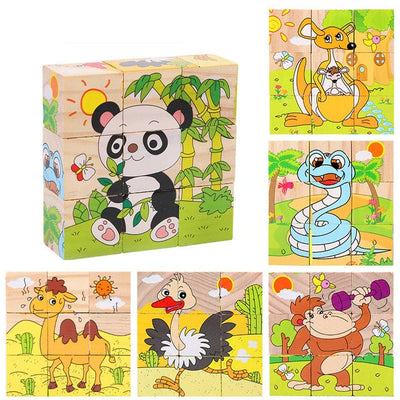 Fidtoy 3D Wooden Puzzle for Toddlers – 6-in-1 Animal Cube Educational Toy