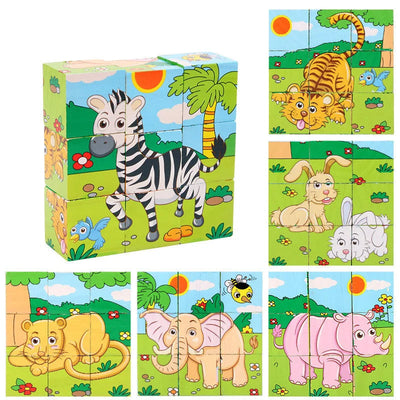 Fidtoy 3D Wooden Puzzle for Toddlers – 6-in-1 Animal Cube Educational Toy