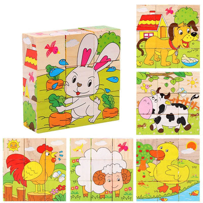 Fidtoy 3D Wooden Puzzle for Toddlers – 6-in-1 Animal Cube Educational Toy