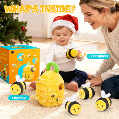 Mon premier coffret de jeu interactif en peluche L'Abeille et sa Ruche - 5 abeilles en peluche et une ruche compressible - Jouet Montessori d'éveil pour bébés et tout-petits de 1 à 3 ans