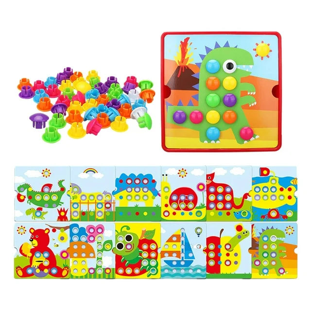 Fidtoy Button Art Matching Toy for Kids – Montessori Peg Board Mosaic Puzzle with Picture Cards