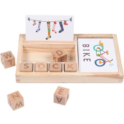 Jeu d'orthographe en bois Fidtoy avec blocs ABC et cartes de mots pour enfants de 3 ans et plus