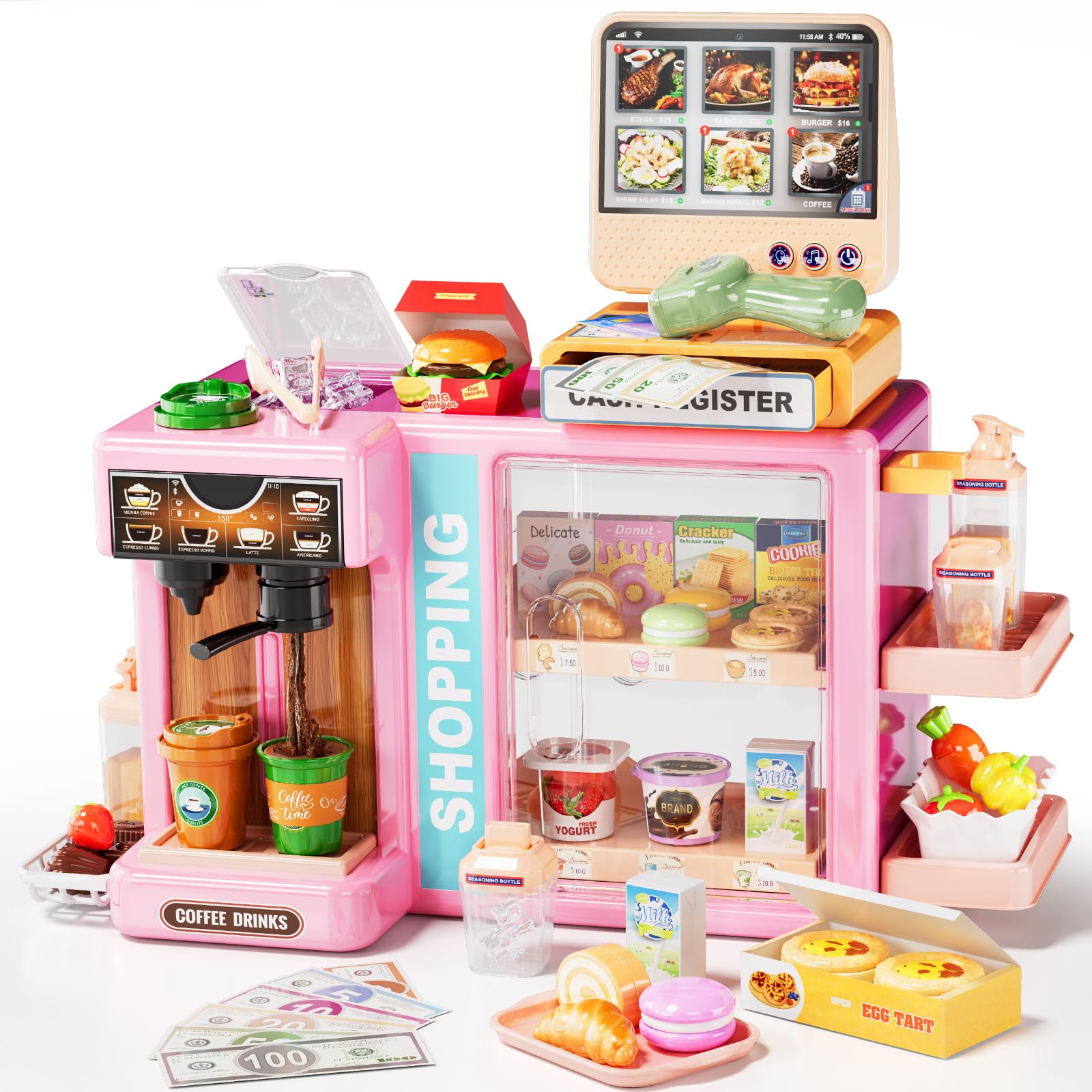 Supermarket Playset Deluxe Grocery Store with Cash Register & Coffee Maker  Educational Role Play Toy for Toddlers & Kids (Green or Pink)