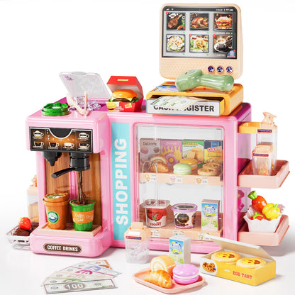 Supermarket Playset Deluxe Grocery Store with Cash Register & Coffee Maker  Educational Role Play Toy for Toddlers & Kids (Green or Pink)