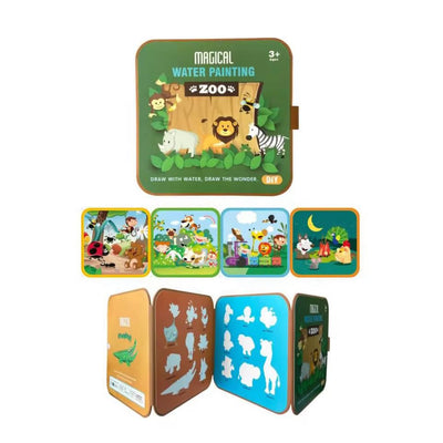 Libro de actividades con pegatinas y pintura mágica con agua – Temas de zoológico y espacio | Reutilizable: revela imágenes con agua y juego interactivo con pegatinas