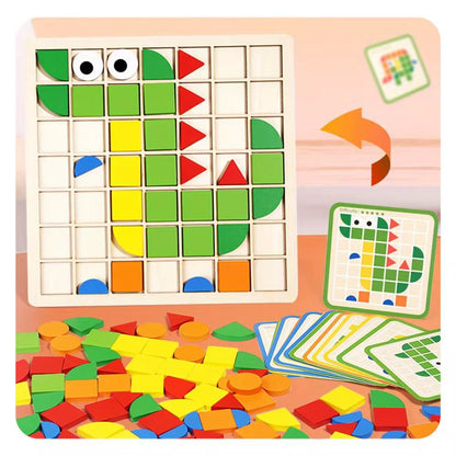 Wooden Mosaic Puzzle | 120-Piece Shape Pattern Blocks with Design Cards