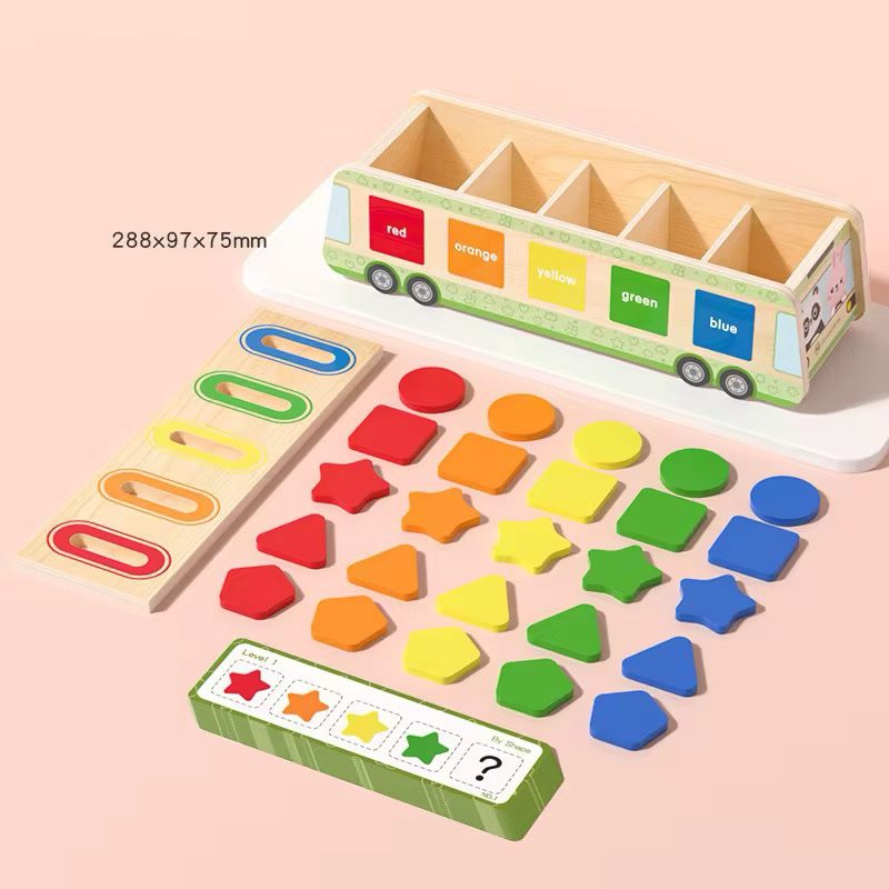Wooden Bus Shape and Color Coin Drop Activity – Fine Motor Sorting Toy with Pattern Flashcards