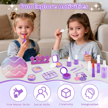 Girls Pretend Makeup Kit with Carry Case My First Kids Makeup Playset for Toddlers Safe Mess-Free Fake Makeup Complete Playset for Imagination Role Play Early Learning Perfect Gift for Girls 3+