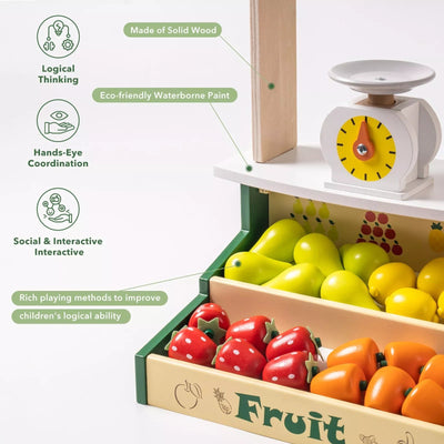 Wooden Farmers Market Stand Fruit Stall Toy Grocery Store Set For Kids