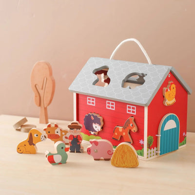Wooden Farm Pretend Play Set – Barn, Animals and Tractor Toy with Lacing Activity for Toddlers