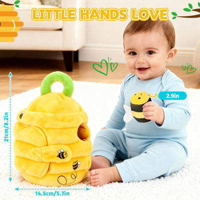 Mon premier coffret de jeu interactif en peluche L'Abeille et sa Ruche - 5 abeilles en peluche et une ruche compressible - Jouet Montessori d'éveil pour bébés et tout-petits de 1 à 3 ans