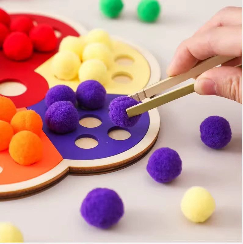 Flower-Shaped Color Sorting Board With Pom Pom Activity – Fine Motor Skill Activity