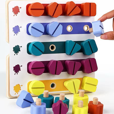 Planche à vis Montessori en bois | Jouet de tri et d'association de formes d'écrous arc-en-ciel