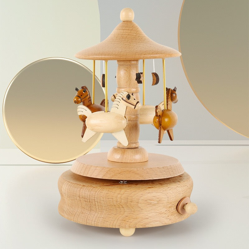 Caja de Música de Carrusel de Madera Hecha a Mano – Regalo de Tiovivo de Caballos Giratorios