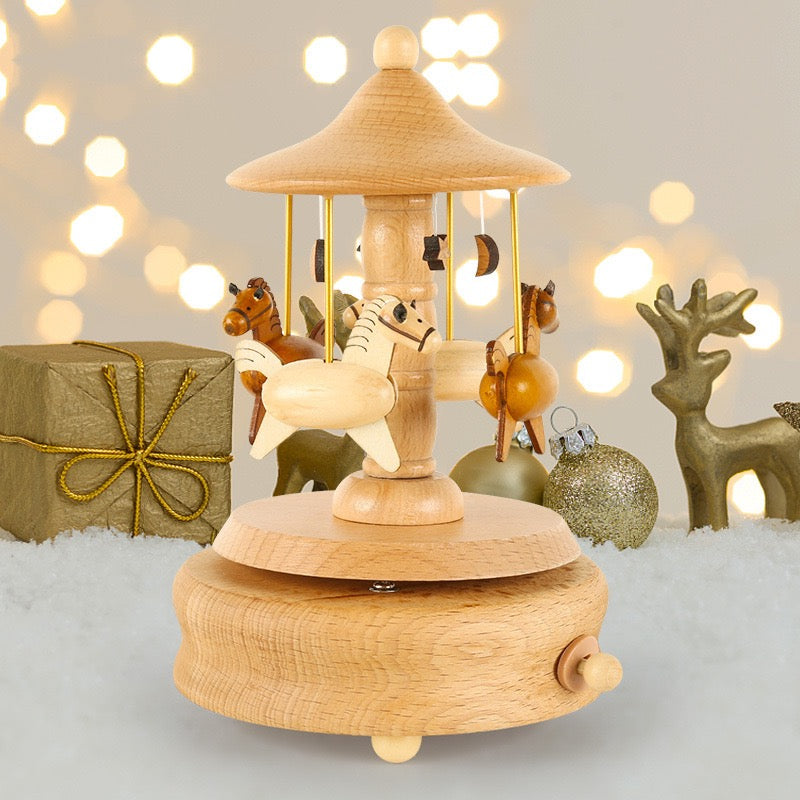 Caja de Música de Carrusel de Madera Hecha a Mano – Regalo de Tiovivo de Caballos Giratorios