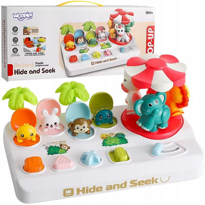 Fidtoy Pop Up Hide and Seek Animal Puzzle for Kids Interactive Animal Carousel Toy with Shape Buttons Fine Motor Play Ages 3+