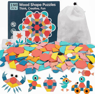 Juego de Puzle de Tangram de Madera Fidtoy con 180 Bloques y Tarjetas