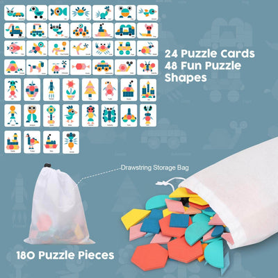 Juego de Puzle de Tangram de Madera Fidtoy con 180 Bloques y Tarjetas